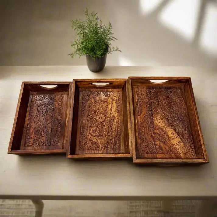 Handcrafted Sheesham Wood Tray Set Auraveia