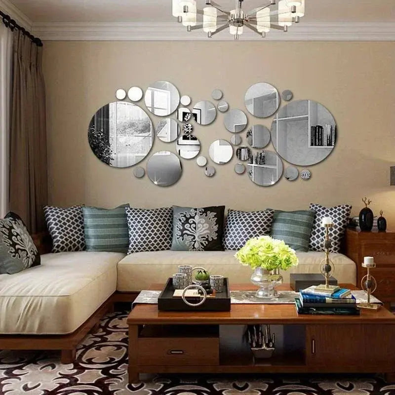 26 PCs 3D Acrylic Mirror Wall Stickers, Round Mirror, DIY Bedroom, Bathroom and TV Backroom Stickers Wall Decoration - Auraveia