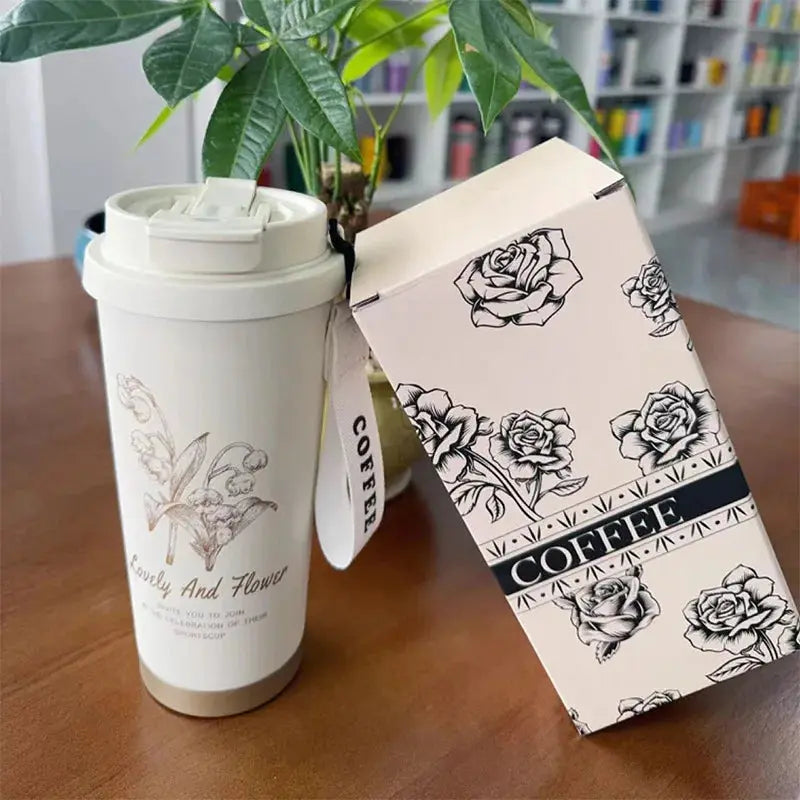 500ml Creative Printing Flower Stainless Steel Thermos Mug Portable Dual-Drink Coffee Mug Car Large-Capacity Straw Gift Cup Auraveia