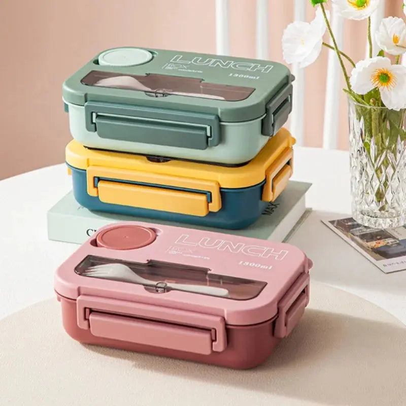 Compartment 1300ML Portable Lunch Box Kids Students Office Bento Box With Fork and Spoon Microwave Food Storage Container - Auraveia