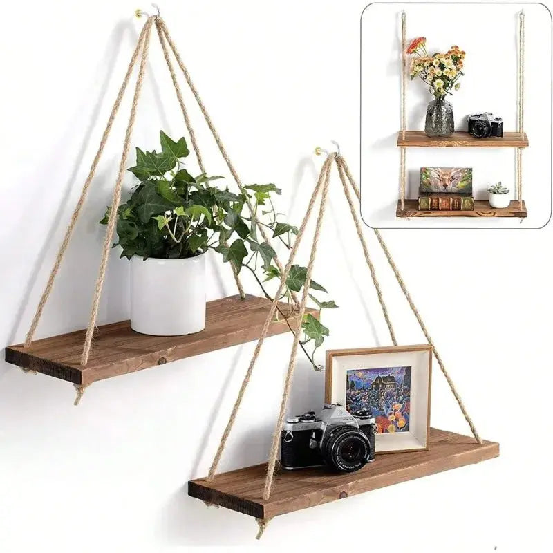 1PC Wooden Swing Hanging Hemp Rope Wall Shelve Mounted Floating Home Living Room Plant Flower Pot Tray Storage Garden Decoration - Auraveia