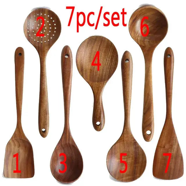 1-10 PC Wooden Cooking Spoons Smooth Teak Wooden Cooking Utensils Non-Stick Wooden Cooking Utensils – Wooden Spoons Set - Auraveia