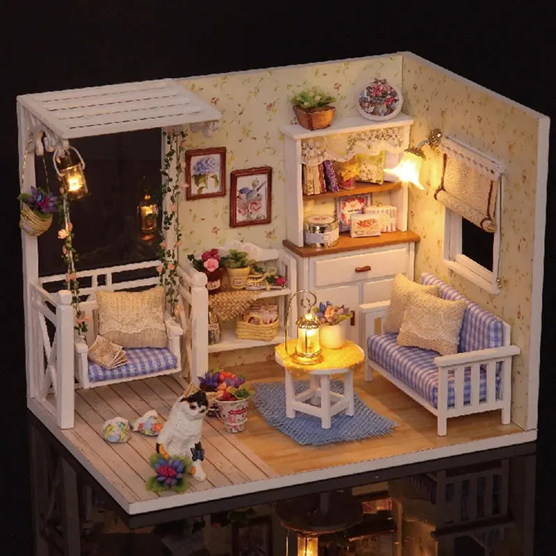 Kitten Mini Wooden Doll House Model Building Kits Toy Home Kit Creative Room Bedroom Decoration with Furniture For Birthday Gift - Auraveia