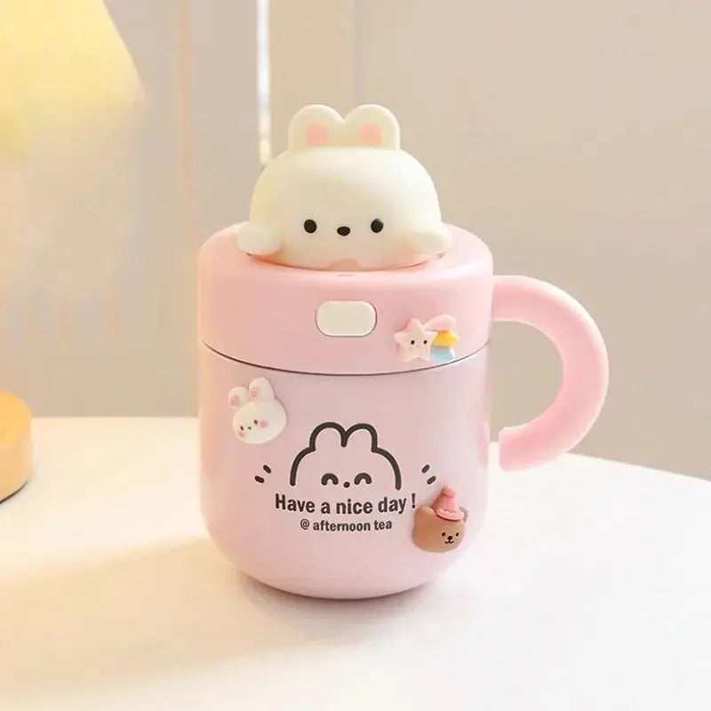 Kawaii Bear Thermal Mug Insulated Coffee Tumbler For Hot Cold Drinks Water Tea Large Thermos Stainless Steel Cup With Straw Lid Auraveia