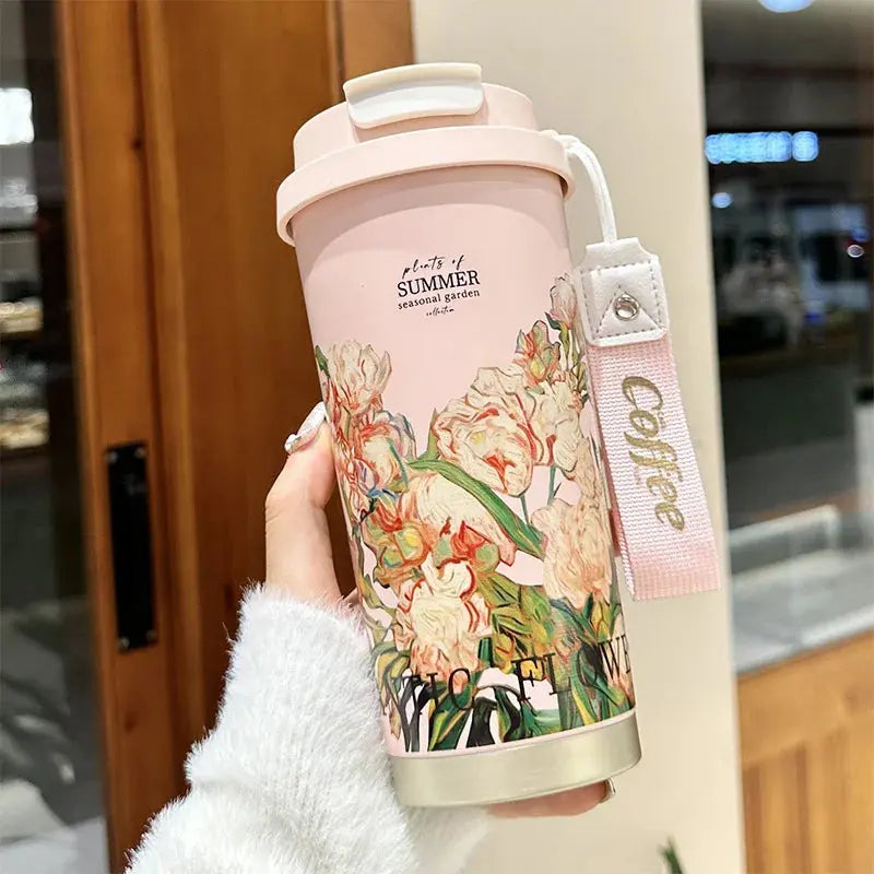 500ml Creative Printing Flower Stainless Steel Thermos Mug Portable Dual-Drink Coffee Mug Car Large-Capacity Straw Gift Cup Auraveia