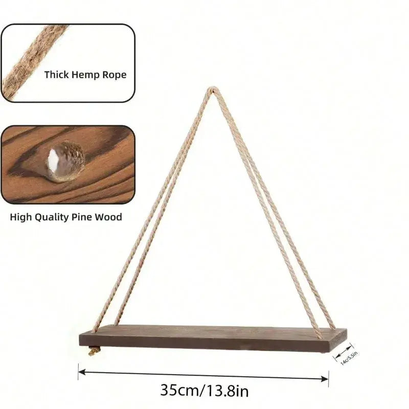 1PC Wooden Swing Hanging Hemp Rope Wall Shelve Mounted Floating Home Living Room Plant Flower Pot Tray Storage Garden Decoration - Auraveia