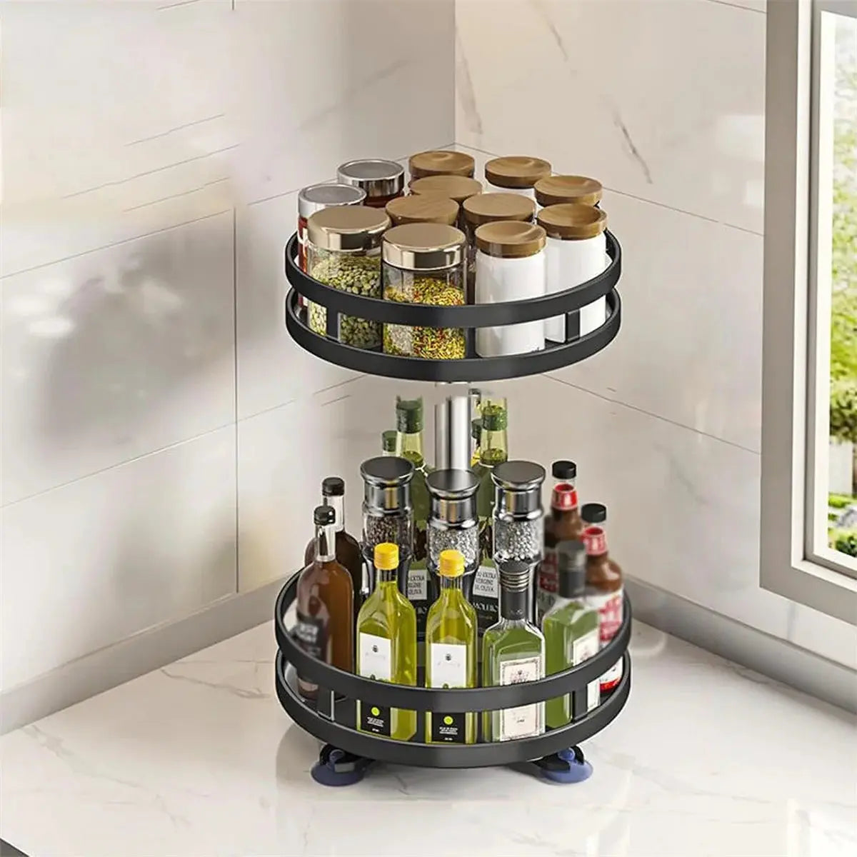 360°Rotation Spice Rack Organizer Jar Cans For Kitchen Accessories Non-Skid Carbon Steel Storage Tray For Seasonings And Spices Auraveia