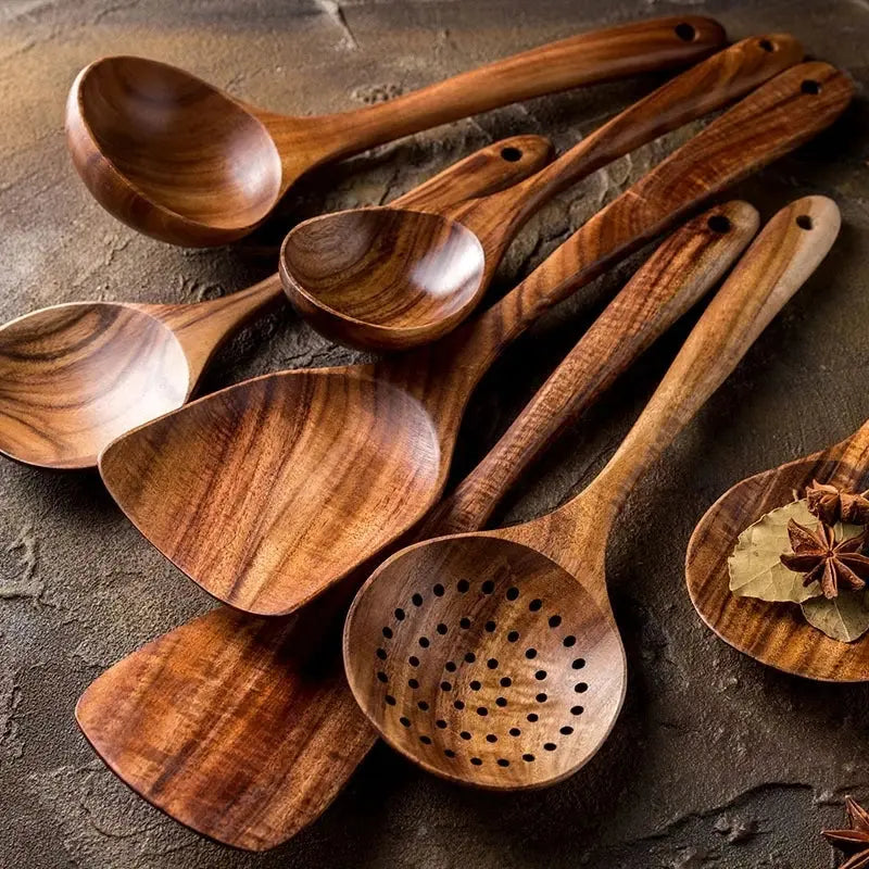 1-10 PC Wooden Cooking Spoons Smooth Teak Wooden Cooking Utensils Non-Stick Wooden Cooking Utensils – Wooden Spoons Set - Auraveia