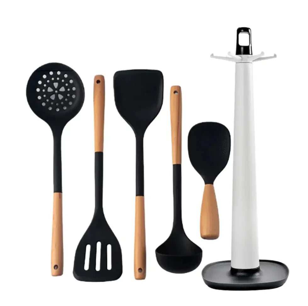 Silicone Kitchen Utensils Set Wooden Handle Non-stick Spatula Cookware Set Fried Shovel Leaky Spoon Rice Spoon Kitchen Tool Sets - Auraveia