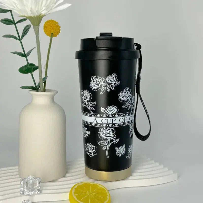 500ml Creative Printing Flower Stainless Steel Thermos Mug Portable Dual-Drink Coffee Mug Car Large-Capacity Straw Gift Cup Auraveia