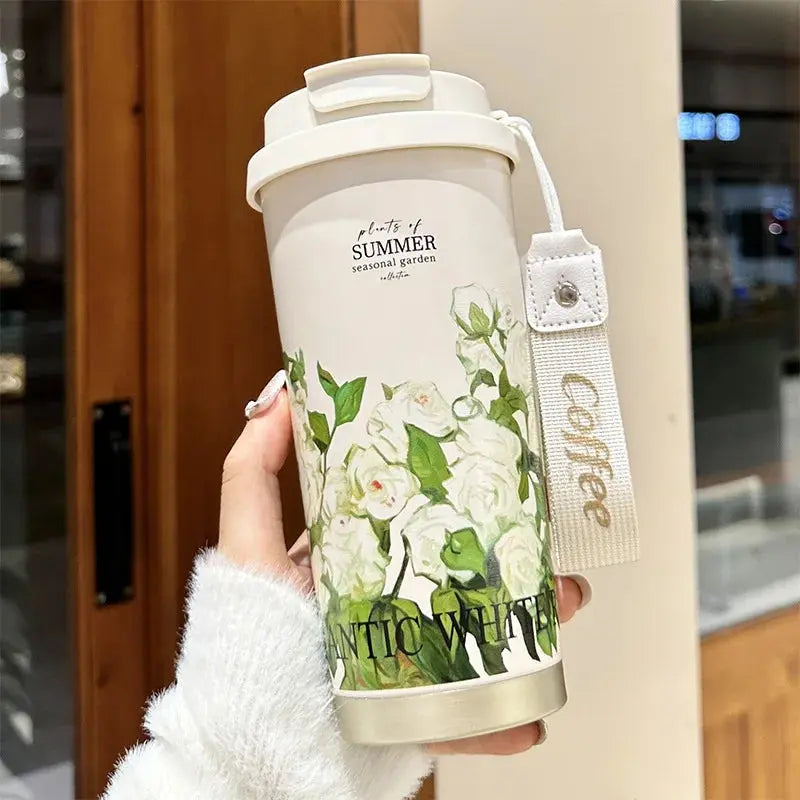 500ml Creative Printing Flower Stainless Steel Thermos Mug Portable Dual-Drink Coffee Mug Car Large-Capacity Straw Gift Cup Auraveia