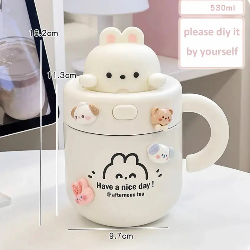 Kawaii Bear Thermal Mug Insulated Coffee Tumbler For Hot Cold Drinks Water Tea Large Thermos Stainless Steel Cup With Straw Lid Auraveia