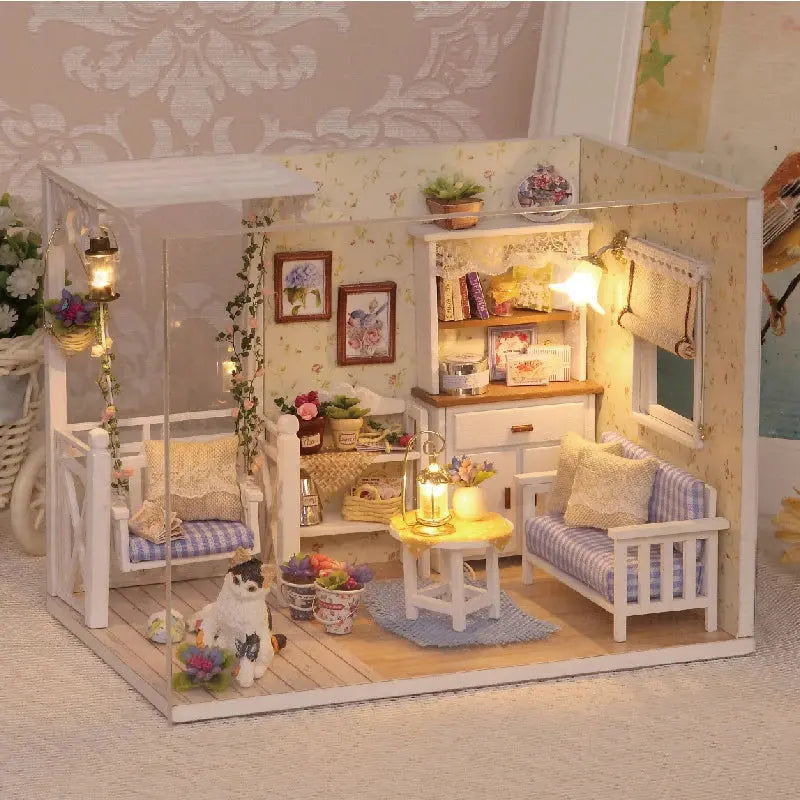 Kitten Mini Wooden Doll House Model Building Kits Toy Home Kit Creative Room Bedroom Decoration with Furniture For Birthday Gift - Auraveia