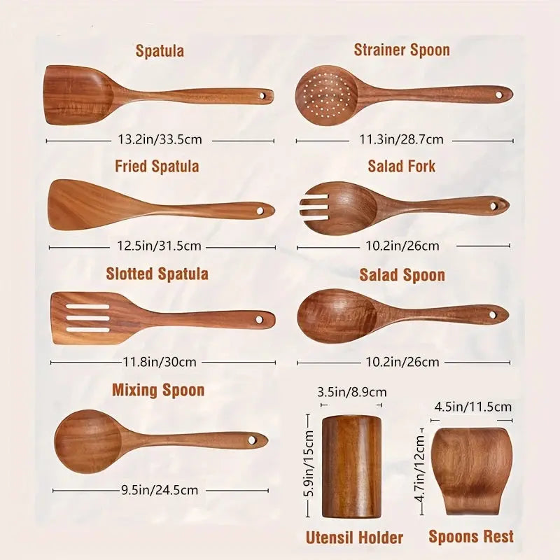 9PCS Wooden Spoons For Cooking, Wooden Utensils For Cooking With Utensils Holder, Teak Wooden Kitchen Utensils Set - Auraveia