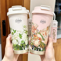 500ml Creative Printing Flower Stainless Steel Thermos Mug Portable Dual-Drink Coffee Mug Car Large-Capacity Straw Gift Cup Auraveia