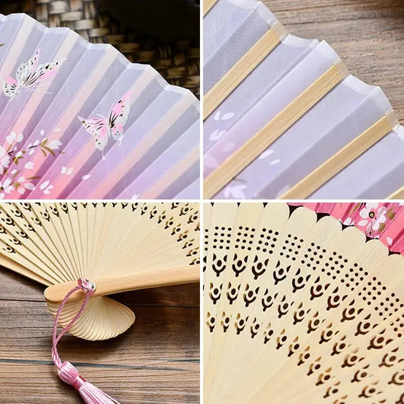 Vintage Silk Folding Fan Chinese Japanese Art Crafts Gift Home Decorations Dance Hand Fan Bamboo Room Decor Wood Fans - Auraveia