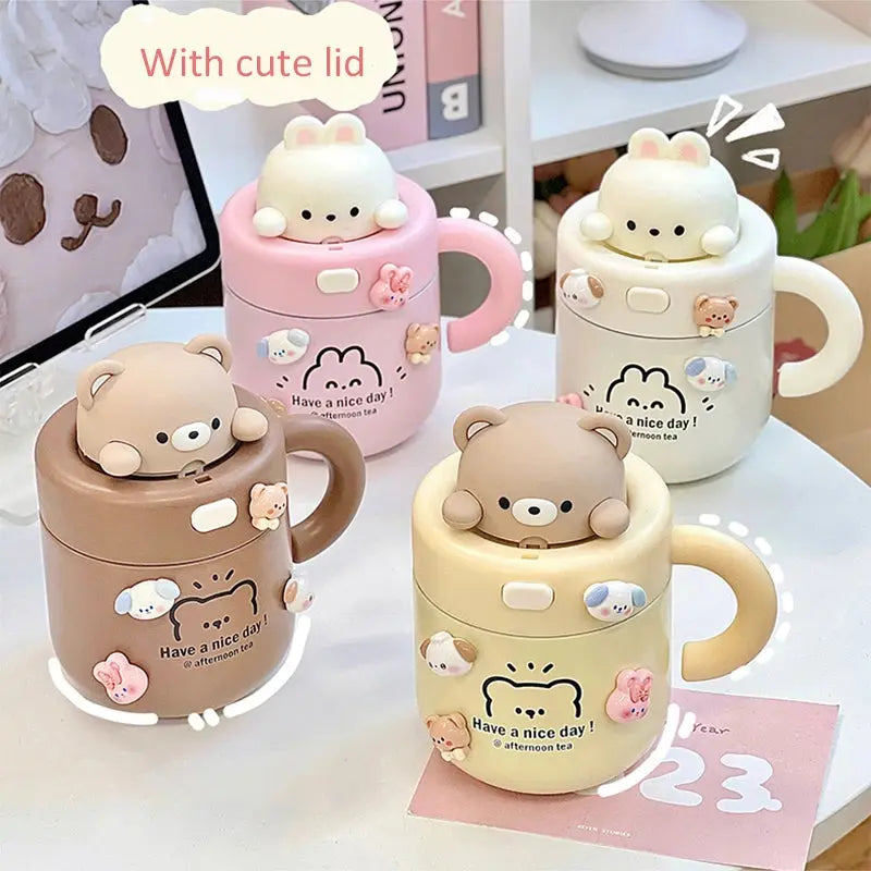 Kawaii Bear Thermal Mug Insulated Coffee Tumbler For Hot Cold Drinks Water Tea Large Thermos Stainless Steel Cup With Straw Lid Auraveia