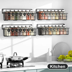 4pcs Kitchen Spice Organizers Storage Wall Mount Hanging Pantry Shelf Multilayer Seasoning Rack for Cabinet Black Metal Basket - Auraveia