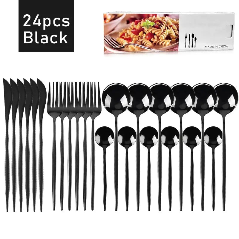 24pcs Black Western Dinnerware Set Stainless Steel Cutlery Set Fork Knife Spoon Tableware Set Flatware Set Silverware Set Auraveia