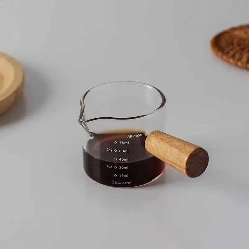 Glass Measuring Cup Wood Handle Glass Espresso Measuring Cup Single Milk Coffee Clear Jug Coffee Supplies Kitchen Measure Mug - Auraveia