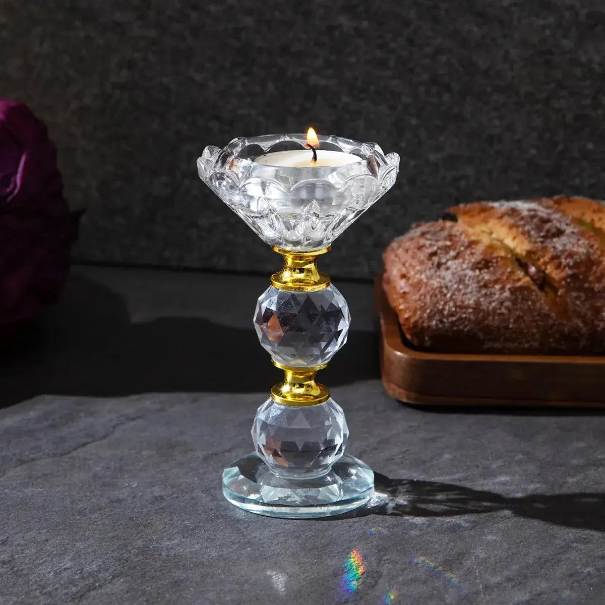 Close-up of a Crystal Glass Candle Holder highlighting its intricate design and sparkling finish