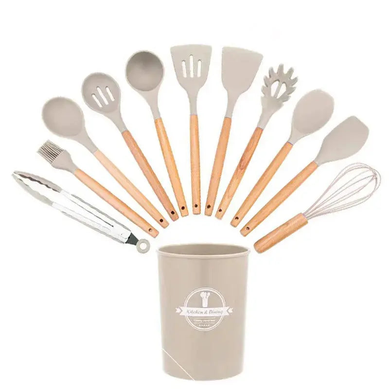 12Set of Wooden Handle Silicone Household Kitchen Tools Non-Stick Pan Cooking Spatula and Soup Spoon Silicone Kitchenware Set - Auraveia