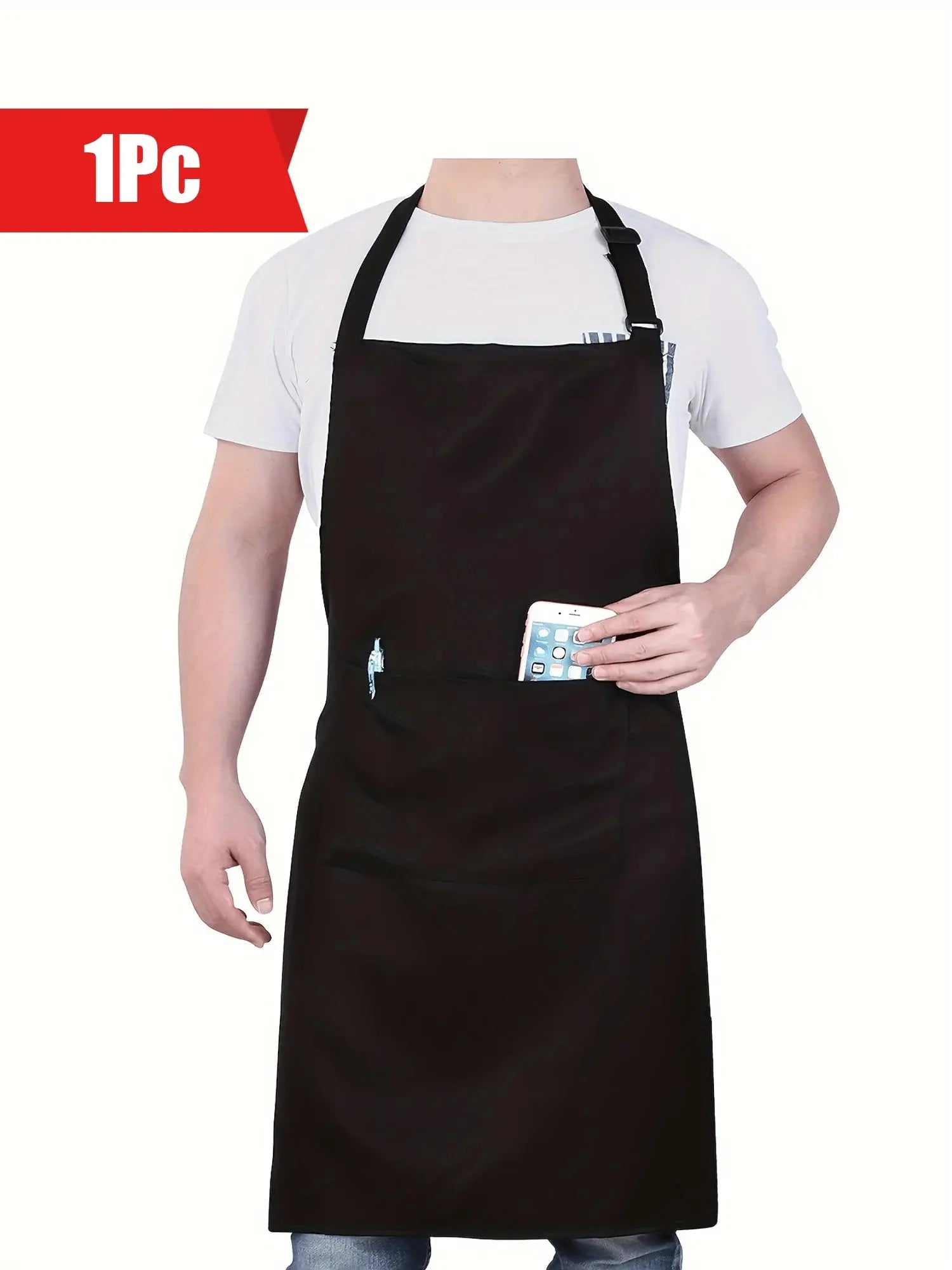 1 piece, solid men's comfortable, lightweight and durable apron, adjustable neck strap apron with shoulder straps and pockets, s - Auraveia