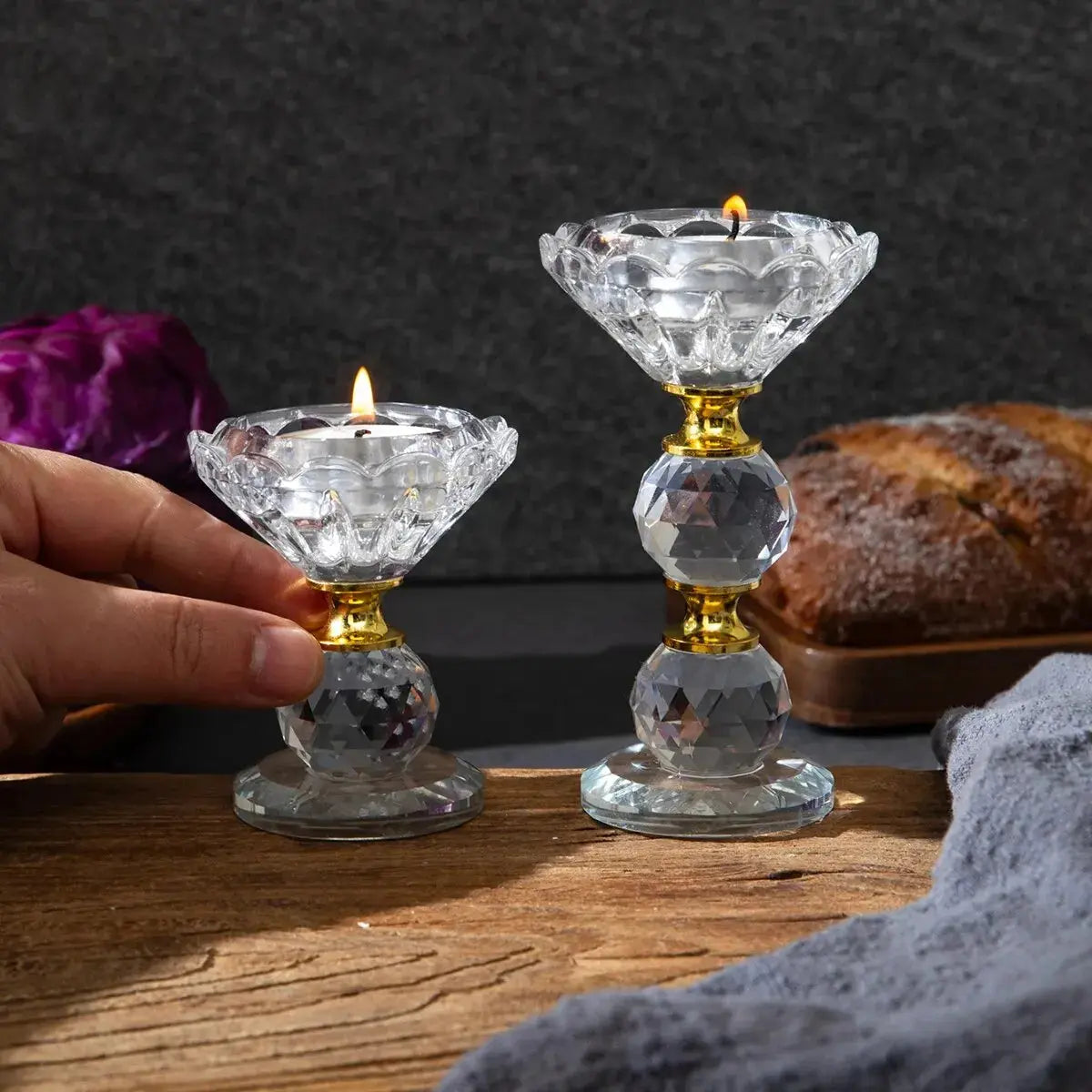 Transparent Crystal Glass Candle Holder showcased on a bedside table for a stylish bedroom accent