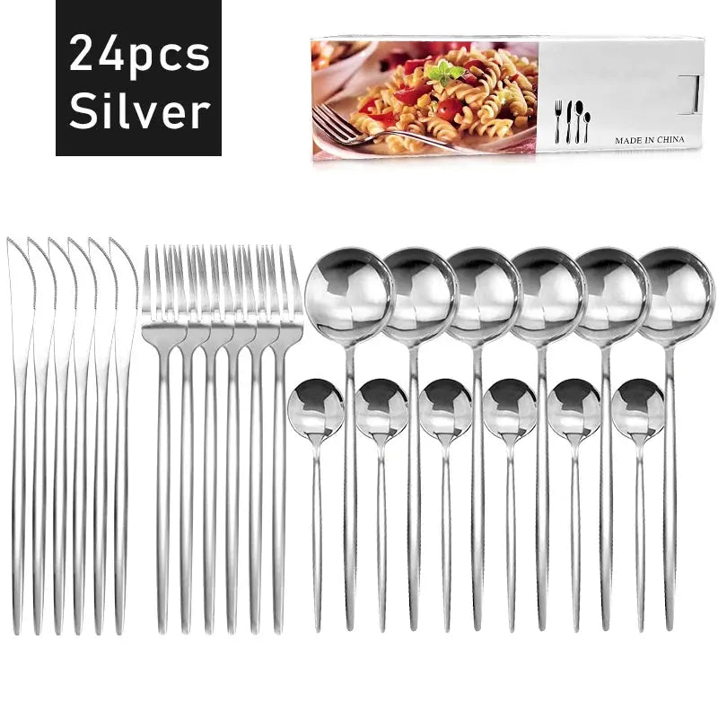 24pcs Black Western Dinnerware Set Stainless Steel Cutlery Set Fork Knife Spoon Tableware Set Flatware Set Silverware Set Auraveia