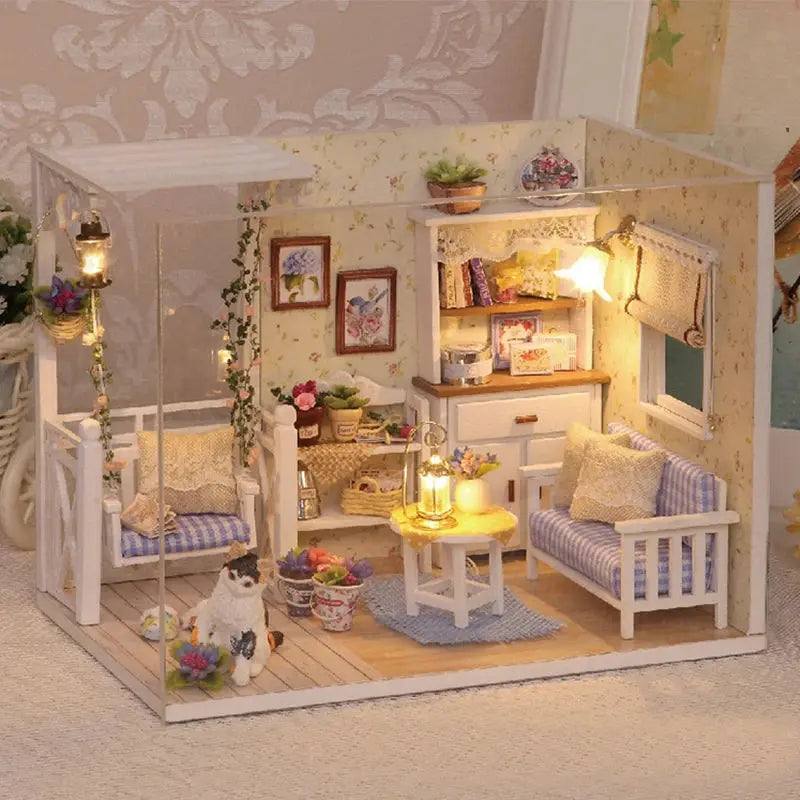 Kitten Mini Wooden Doll House Model Building Kits Toy Home Kit Creative Room Bedroom Decoration with Furniture For Birthday Gift - Auraveia