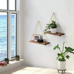 1PC Wooden Swing Hanging Hemp Rope Wall Shelve Mounted Floating Home Living Room Plant Flower Pot Tray Storage Garden Decoration - Auraveia