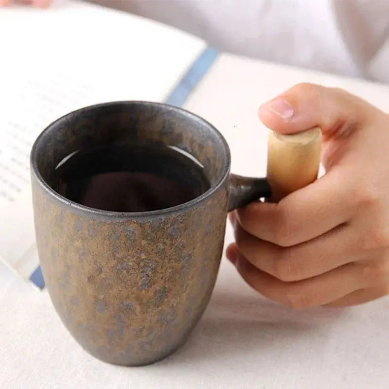 Japanese Vintage Tea Cup Set Ceramic Coffee Mug Rust Glaze Milk Cafe Cup with Wood Handle Water Cup Teacup Home Office Drinkware - Auraveia