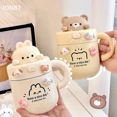 Kawaii Bear Thermal Mug Insulated Coffee Tumbler For Hot Cold Drinks Water Tea Large Thermos Stainless Steel Cup With Straw Lid Auraveia