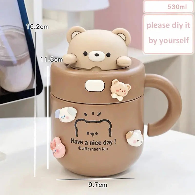 Kawaii Bear Thermal Mug Insulated Coffee Tumbler For Hot Cold Drinks Water Tea Large Thermos Stainless Steel Cup With Straw Lid Auraveia