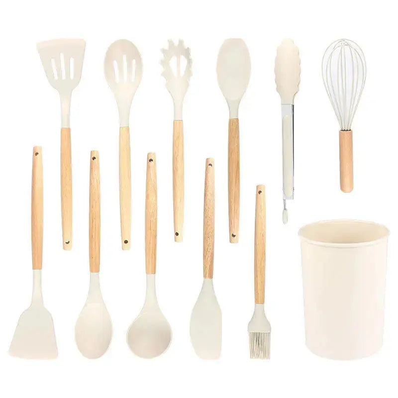 12Set of Wooden Handle Silicone Household Kitchen Tools Non-Stick Pan Cooking Spatula and Soup Spoon Silicone Kitchenware Set - Auraveia