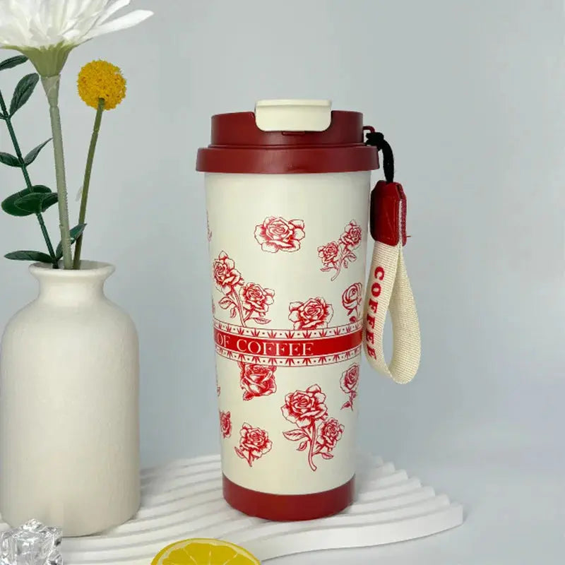 500ml Creative Printing Flower Stainless Steel Thermos Mug Portable Dual-Drink Coffee Mug Car Large-Capacity Straw Gift Cup Auraveia