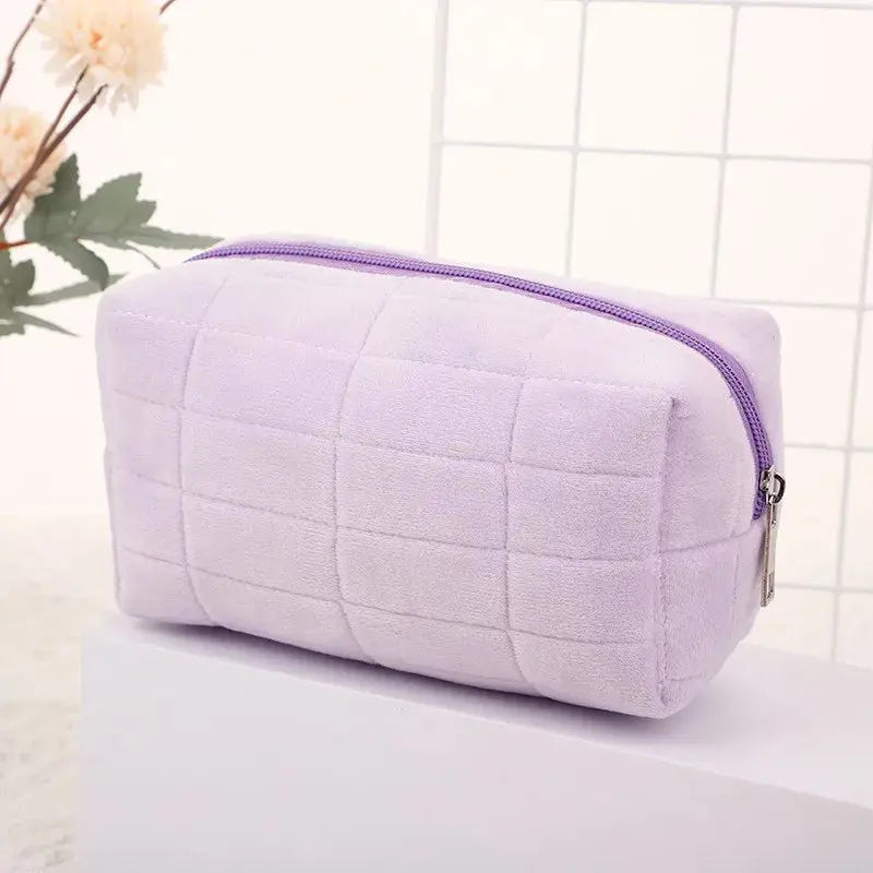 Cute Plush Makeup Bag for Women Portable Travel Small Cosmetic Bags Solid Color Zipper Toiletry Bag Washing Pouch Storage Bags - Auraveia