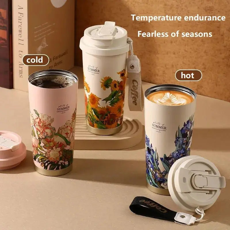 500ml Creative Printing Flower Stainless Steel Thermos Mug Portable Dual-Drink Coffee Mug Car Large-Capacity Straw Gift Cup Auraveia