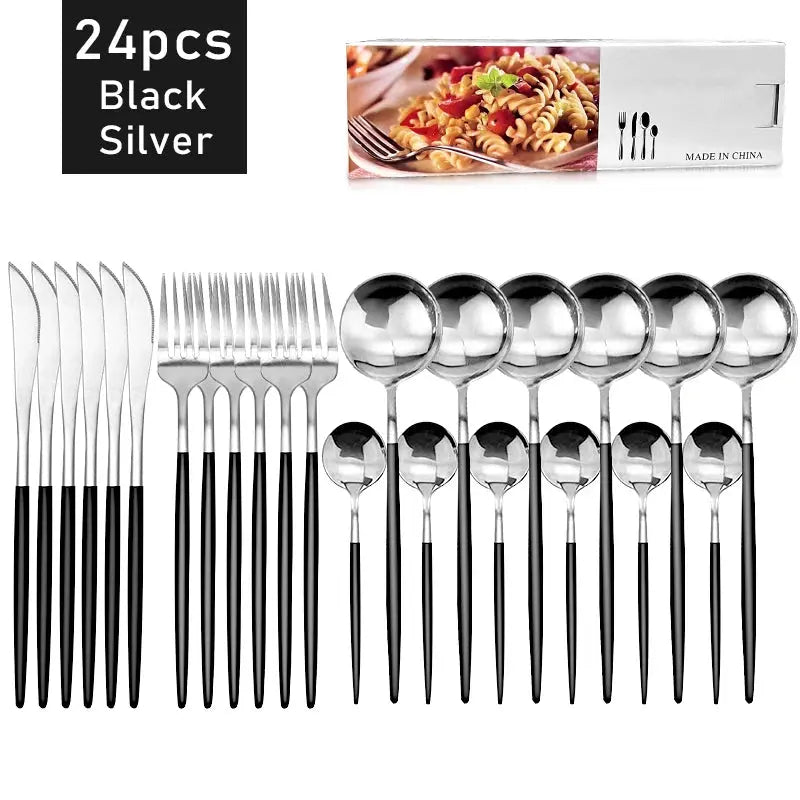 24pcs Black Western Dinnerware Set Stainless Steel Cutlery Set Fork Knife Spoon Tableware Set Flatware Set Silverware Set Auraveia