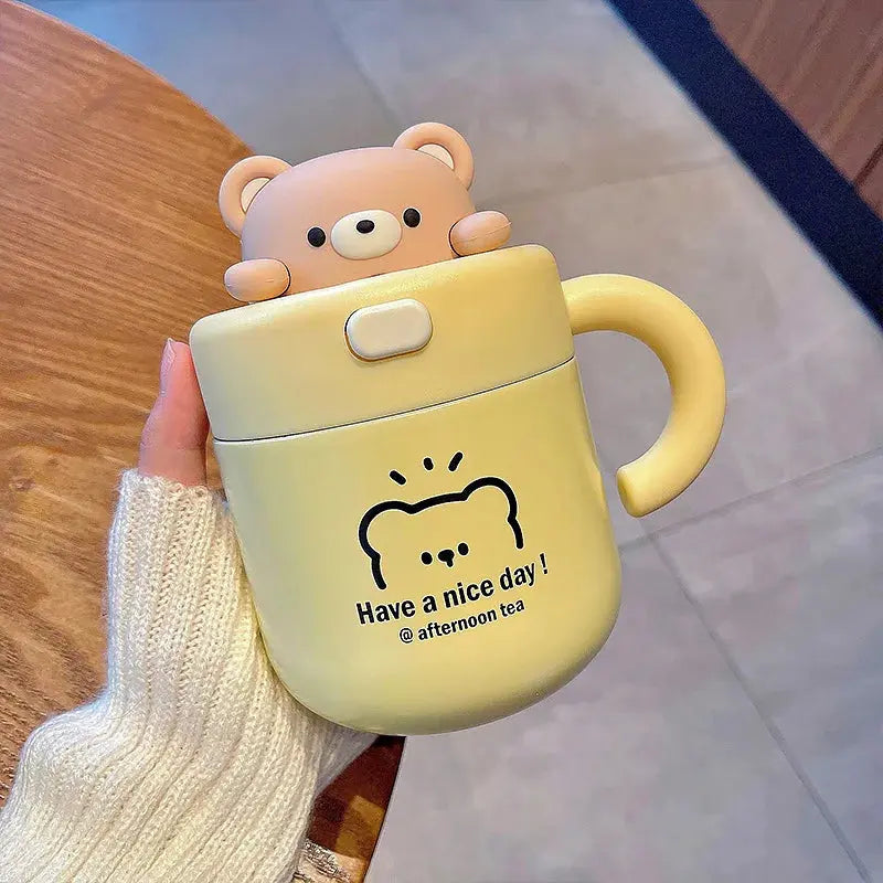 Kawaii Bear Thermal Mug Insulated Coffee Tumbler For Hot Cold Drinks Water Tea Large Thermos Stainless Steel Cup With Straw Lid Auraveia