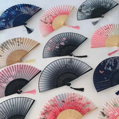 Vintage Silk Folding Fan Chinese Japanese Art Crafts Gift Home Decorations Dance Hand Fan Bamboo Room Decor Wood Fans - Auraveia