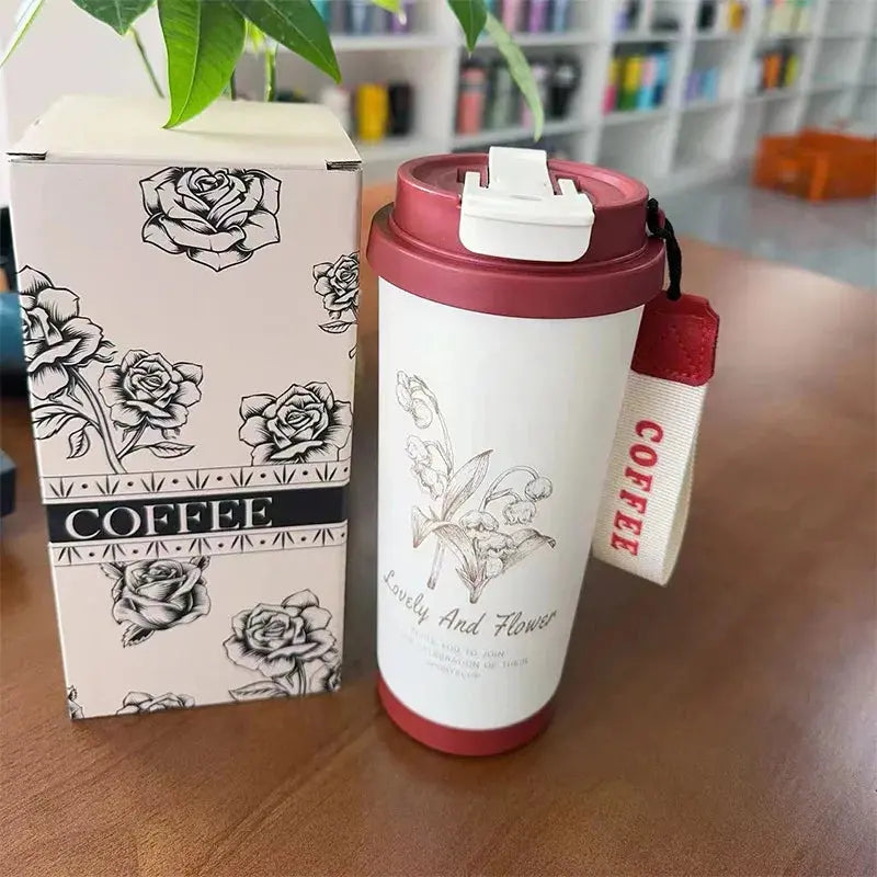 500ml Creative Printing Flower Stainless Steel Thermos Mug Portable Dual-Drink Coffee Mug Car Large-Capacity Straw Gift Cup Auraveia