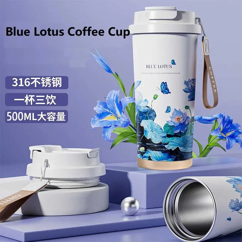 500ml Creative Printing Flower Stainless Steel Thermos Mug Portable Dual-Drink Coffee Mug Car Large-Capacity Straw Gift Cup Auraveia