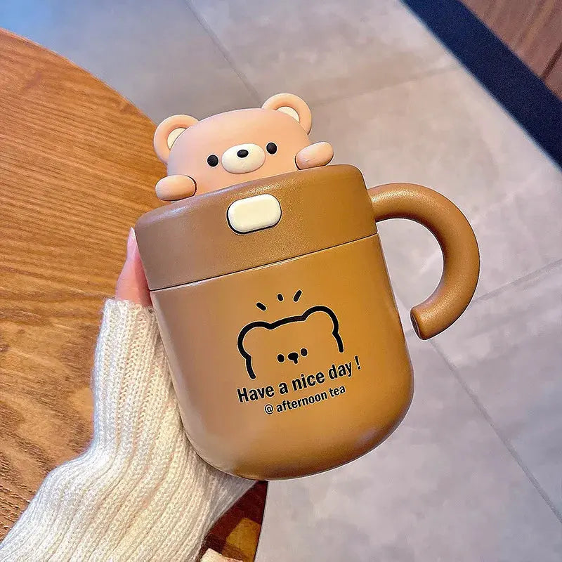 Kawaii Bear Thermal Mug Insulated Coffee Tumbler For Hot Cold Drinks Water Tea Large Thermos Stainless Steel Cup With Straw Lid Auraveia