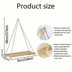 1PC Wooden Swing Hanging Hemp Rope Wall Shelve Mounted Floating Home Living Room Plant Flower Pot Tray Storage Garden Decoration - Auraveia