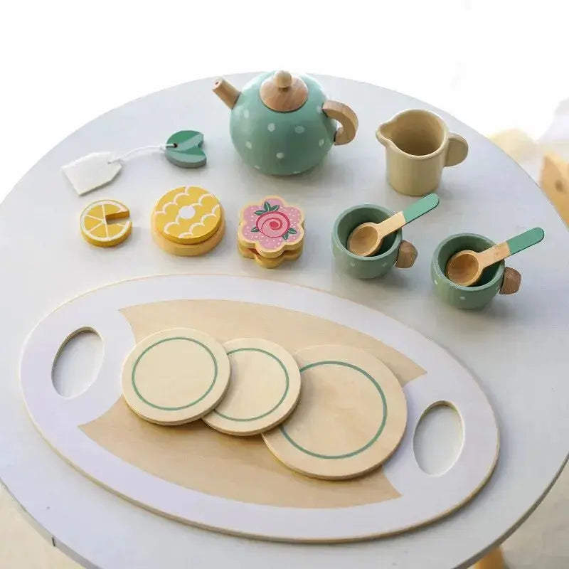 Kids Wooden Tea Set Play House Pretend Make Tea Play With Teapot Teacup Afternoon Snack Role Playing Toys Boys Girls Gift Auraveia