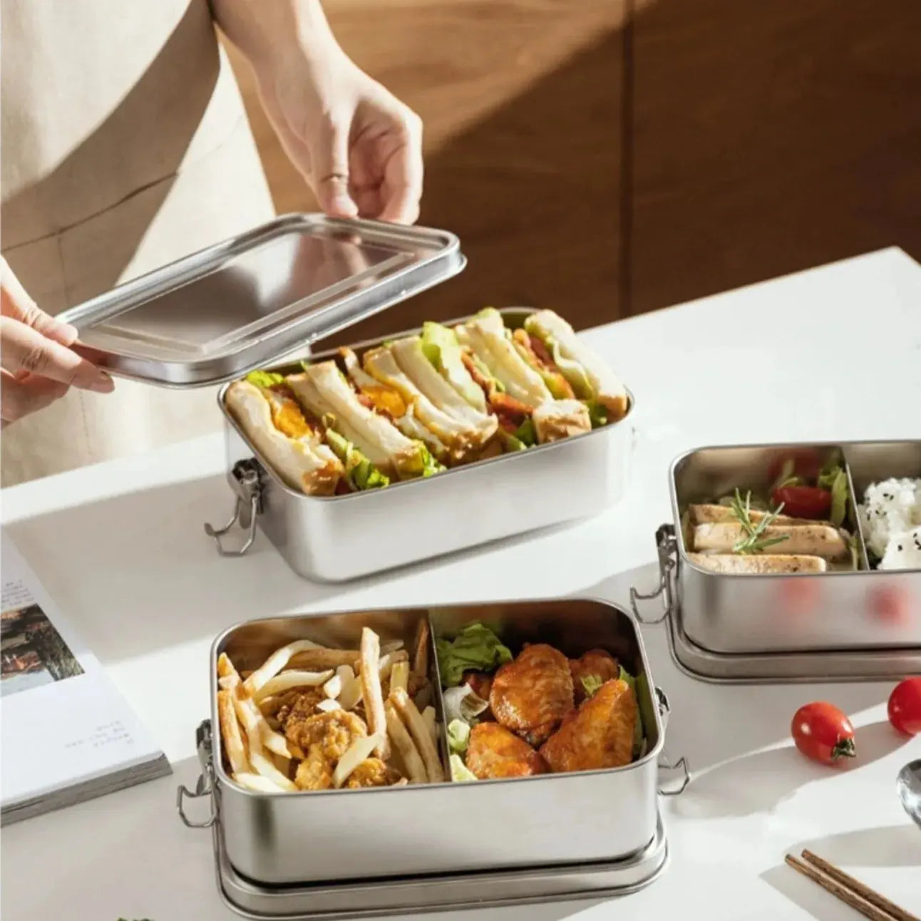 Stainless Steel Square Lunch Box Sealed Insulation Bento Box Lunch Box Canteen Large Capacity Compartment Lunch Box - Auraveia