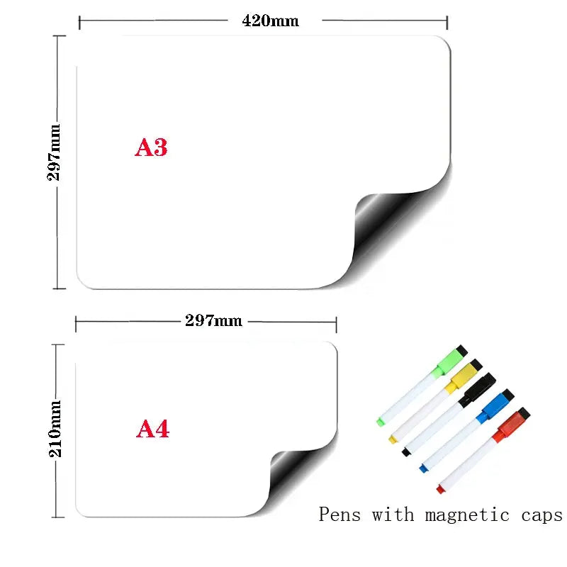 A3+A4 Magnetic Dry Erase Board Fridge Markers WhiteBoard Sheet Kitchen Erasable Flexible Refrigerator Magnet Memo Grocery List - Auraveia