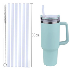 30cm 6 pcs Reusable Straw with Cleaning Brush, Plastic, Clear,Replacement Straw Compatible with Stanley 40 oz 30 oz Cup Tumbler - Auraveia