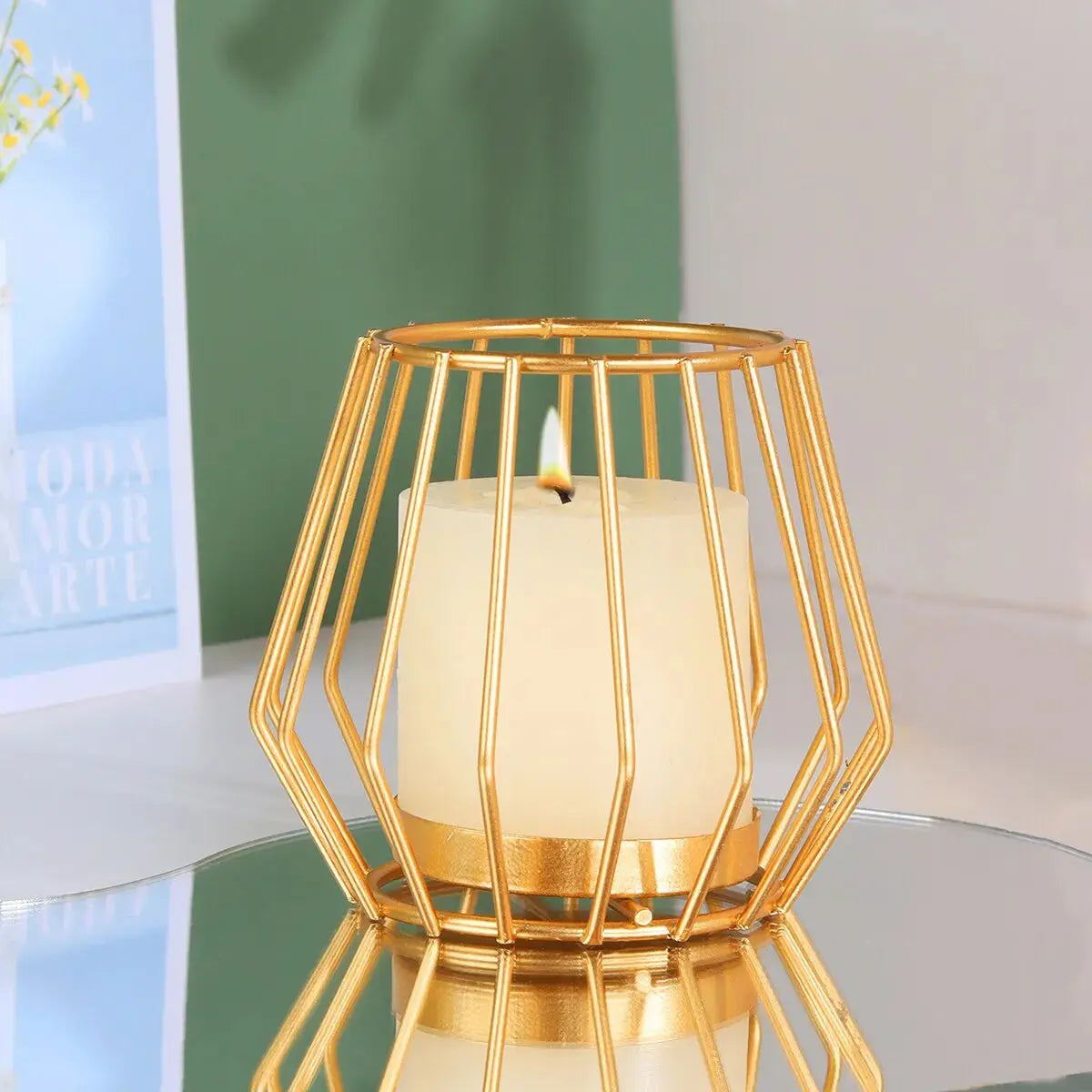 Elegant Nordic Gold Iron Candlestick on a dining table set for a cozy evening.